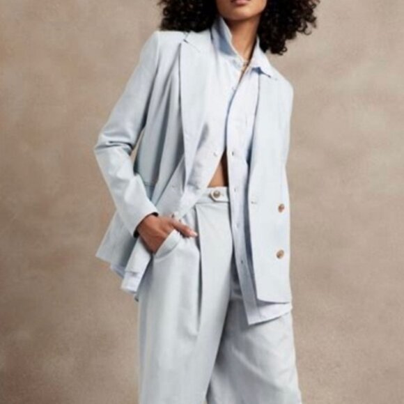 Banana Republic NEW Linen Blend Double Breasted Blazer In Powder Blue Size 10 - Picture 3 of 16